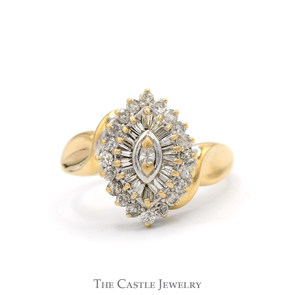 Marquise Shaped Cluster Ring with Baguette & Round Diamonds in 14k Yellow Gold