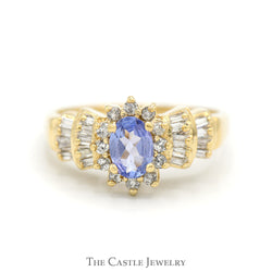 Oval Tanzanite Ring with Diamond Halo and Baguette Cut Accented Sides in 14k Yellow Gold