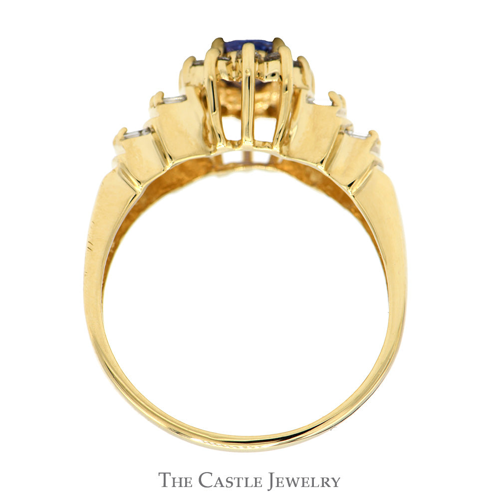 Oval Tanzanite Ring with Diamond Halo and Baguette Cut Accented Sides in 14k Yellow Gold