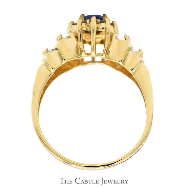 Oval Tanzanite Ring with Diamond Halo and Baguette Cut Accented Sides in 14k Yellow Gold