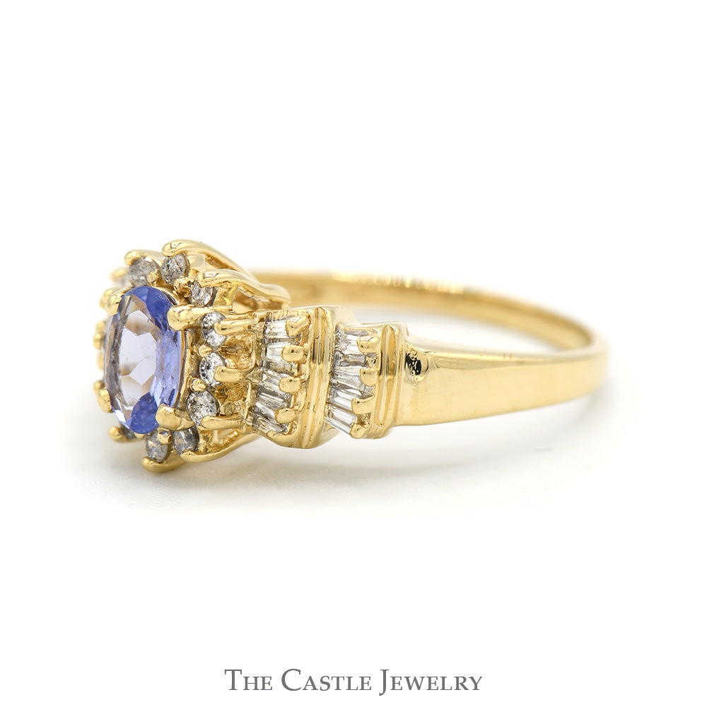 Oval Tanzanite Ring with Diamond Halo and Baguette Cut Accented Sides in 14k Yellow Gold