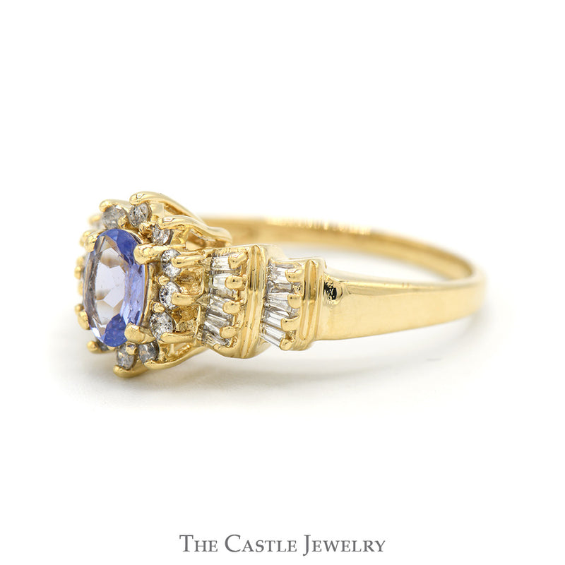 Oval Tanzanite Ring with Diamond Halo and Baguette Cut Accented Sides in 14k Yellow Gold