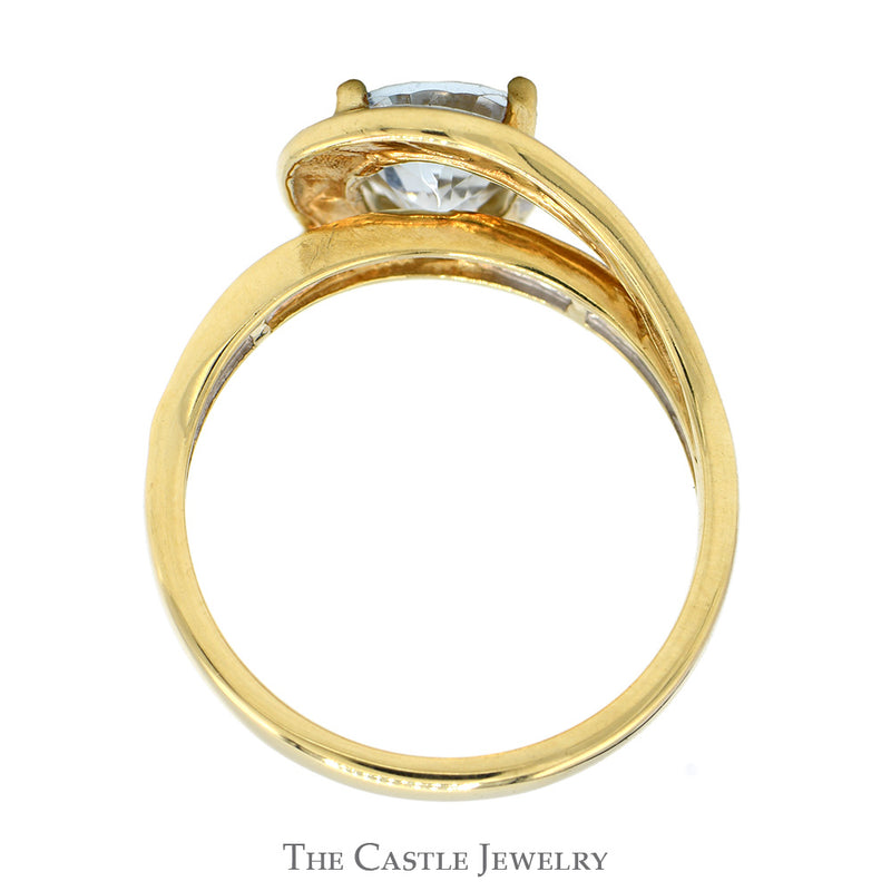 Oval Cut Aquamarine Ring with Channel Set Diamond Accented Sides in 10k Yellow Gold Swirled Bypass Mounting