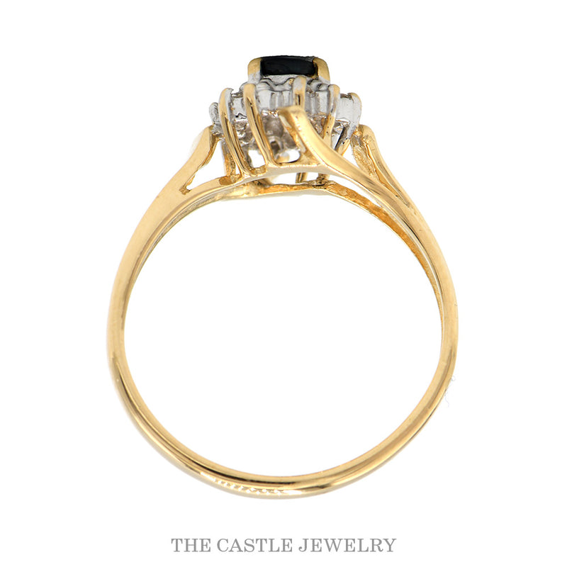 Pear Cut Sapphire Ring with Illusion Set Diamond Halo in 14k Yellow Gold