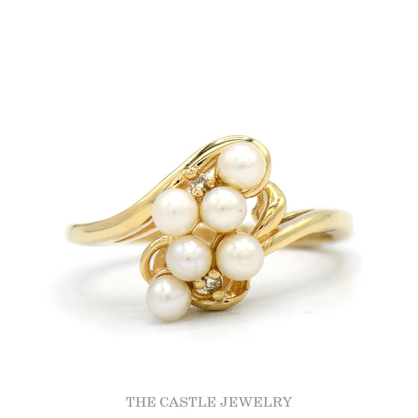 Swirled Freeform Pearl Cluster Ring with Diamond Accents in 14k Yellow Gold