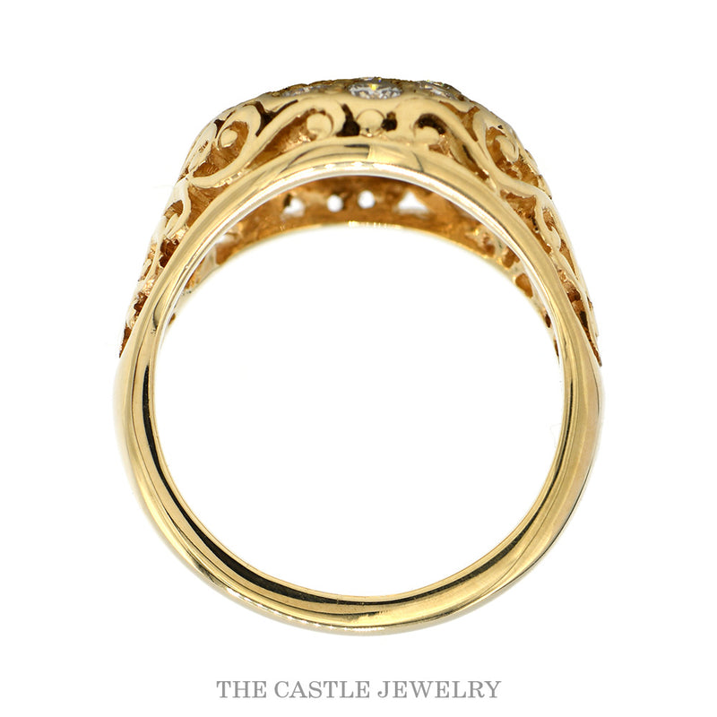 Oval 1.75cttw 19 Round Diamond Kentucky Cluster Ring with Open Filigree Sides in 14k Yellow Gold