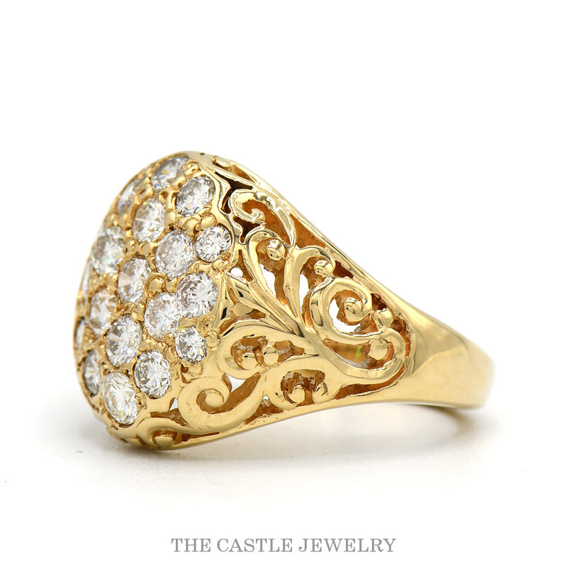 Oval 1.75cttw 19 Round Diamond Kentucky Cluster Ring with Open Filigree Sides in 14k Yellow Gold