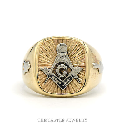 14k two-tone Masonic square-and-compass ring — top view