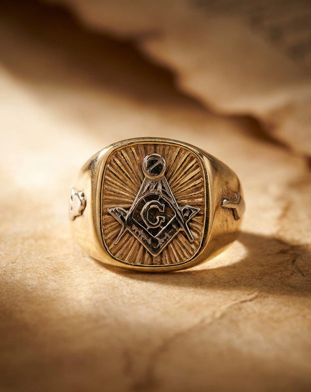 Men's Masonic Square-and-Compass Ring in 14k Two-Tone Gold