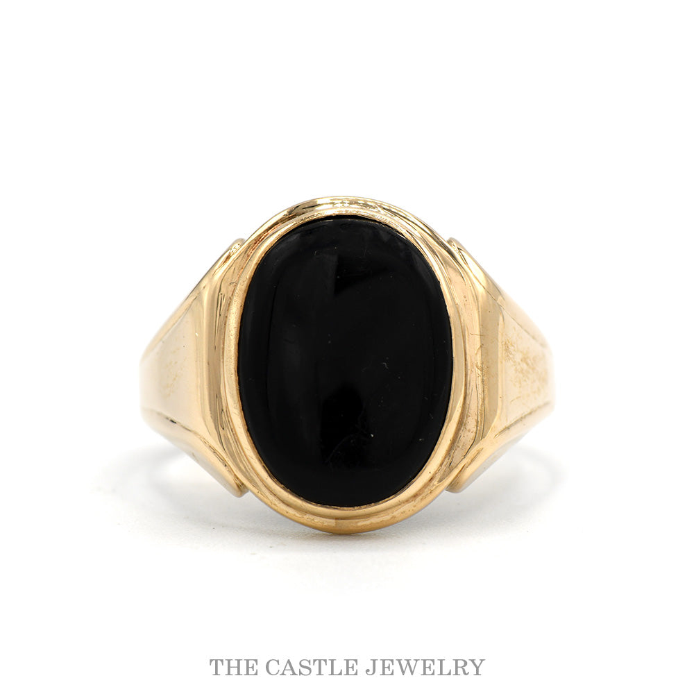 Men's Oval Black Onyx Ring with Polished Stepped Shoulders in 10k