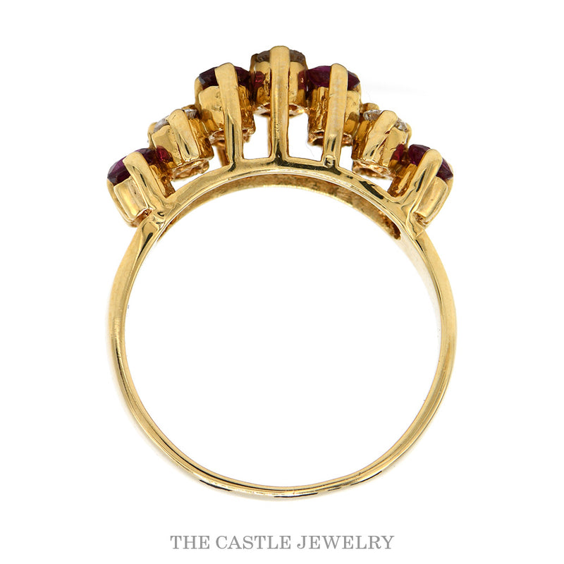 Front-facing view of the 14k yellow gold ruby and diamond multi-row ring