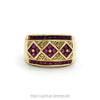 Wide ruby band with three diamond shaped ruby panels, channel set ruby edges and .10cttw diamond accents in 14k yellow gold — top view - Thumbnail 1