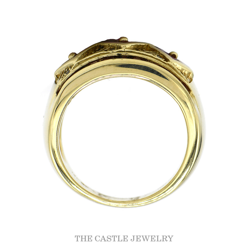 Front-facing view of the wide ruby band showing the domed profile and tapered shank