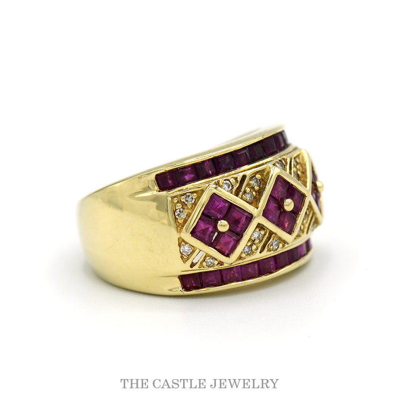 Side profile of the wide ruby band showing the channel set edges
