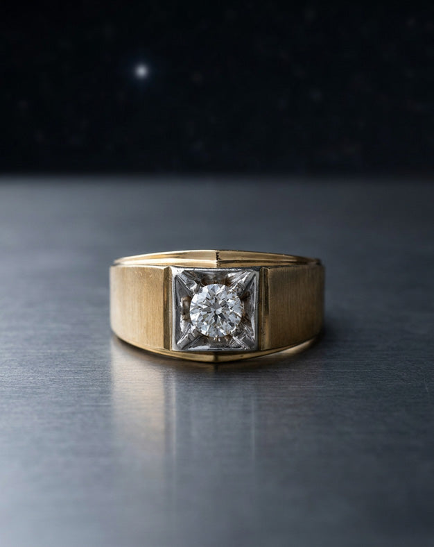 Men's 0.40ct Round Brilliant Diamond Solitaire Ring with Brushed Sides in 14k Yellow Gold