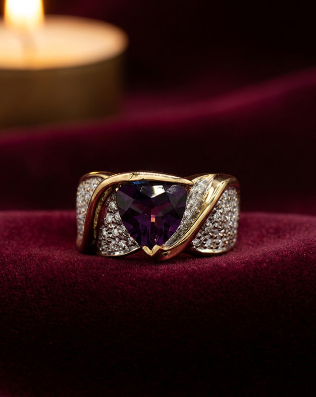 Trillion Rhodolite Garnet Ring with 0.50ctw Diamond Cluster Sides in 14k Yellow Gold