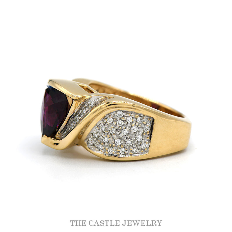 Side profile of the 14k yellow gold rhodolite garnet diamond ring
