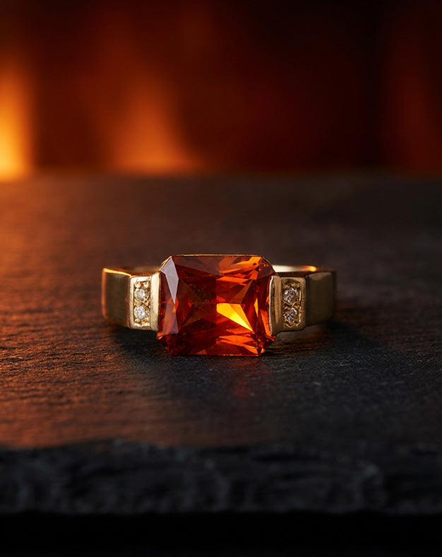 East West Set Fire Opal Ring with Cubic Zirconia Accents in 14k Yellow Gold