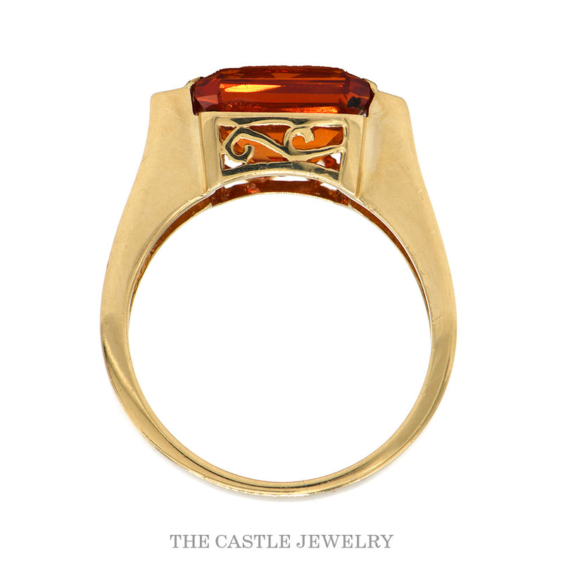 Front-facing view of the 14k yellow gold fire opal ring