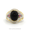 14k yellow gold cabochon black onyx ring with ruby and diamond accents — top view - Thumbnail 1
