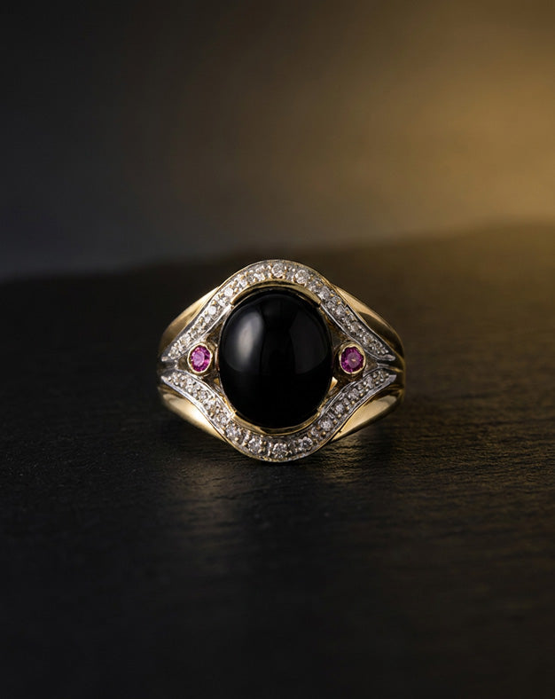 Cabochon Black Onyx Ring with Bezel Set Ruby Sides and 0.18ctw Diamond Accents in 14k Yellow Gold