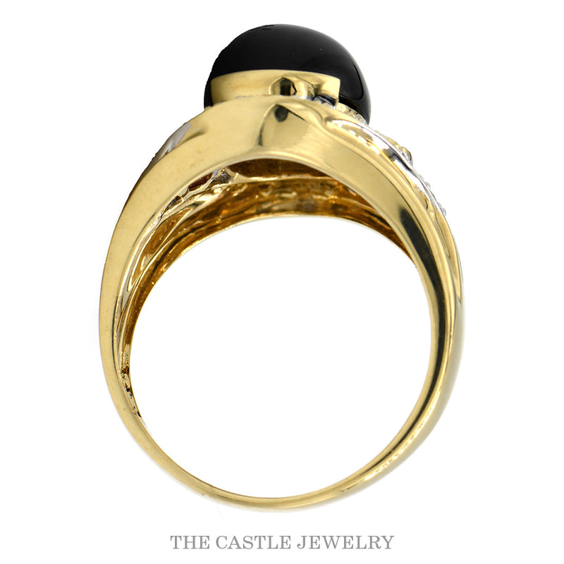 Front-facing view of the 14k yellow gold black onyx cocktail ring