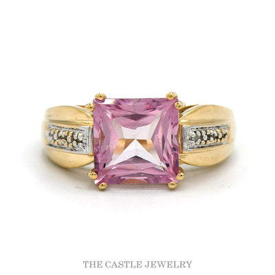 14k yellow gold square pink topaz ring with diamond sides — top view
