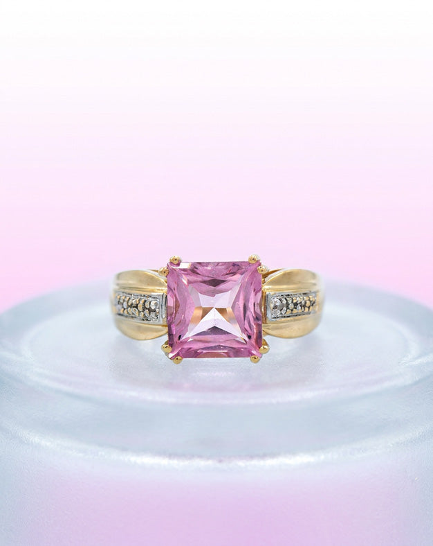 Square Pink Topaz Ring with Illusion Set Diamond Sides in 14k Yellow Gold
