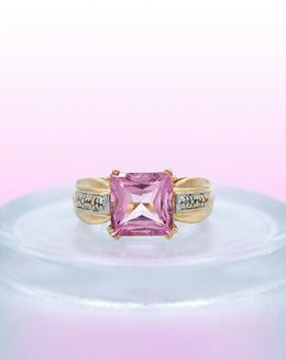 Square Pink Topaz Ring with Illusion Set Diamond Sides in 14k Yellow Gold