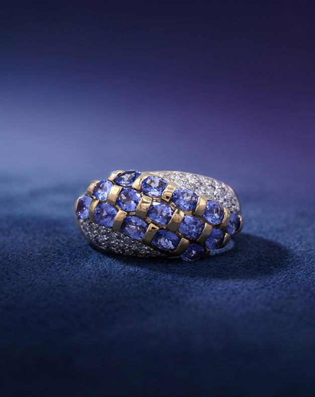 Three Row Tanzanite Dome Ring with 0.30ctw Diamond Cluster Sides in 14k Yellow Gold
