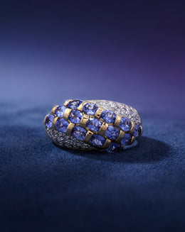 Three Row Tanzanite Dome Ring with 0.30ctw Diamond Cluster Sides in 14k Yellow Gold