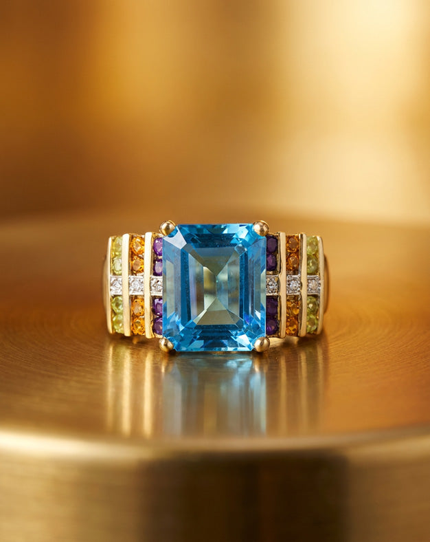 Emerald Cut Blue Topaz Ring with Amethyst, Citrine and Peridot Sides in 14k Yellow Gold