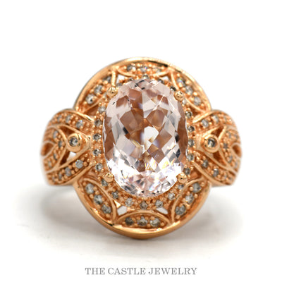 14k rose gold oval morganite ring with diamond filigree halo — top view