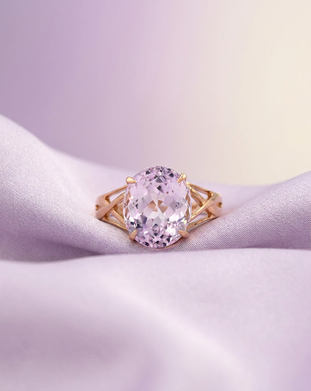 Oval Rose de France Amethyst Ring with Open Crisscross Sides in 14k Rose Gold