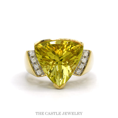 14k yellow gold trillion lemon ice quartz ring with diamond sides — top view