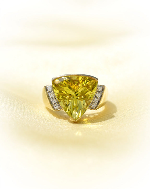 Trillion Lemon Ice Quartz Ring with 0.12cttw Vertical Diamond Sides in 14k Yellow Gold