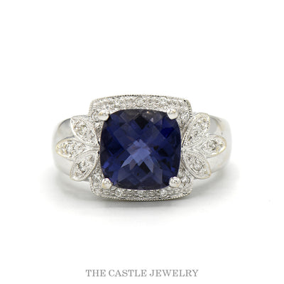 14k white gold cushion cut tanzanite ring with diamond halo — top view