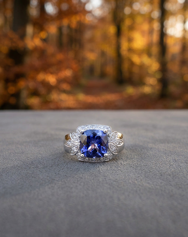 Cushion Cut Tanzanite Ring with Diamond Halo and Leaf Sides in 14k White Gold
