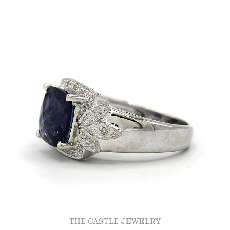 Side profile of the 14k white gold cushion cut tanzanite halo ring