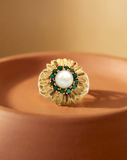 Pearl Ring with Turquoise Halo and Flower Design Mount in 14k Yellow Gold
