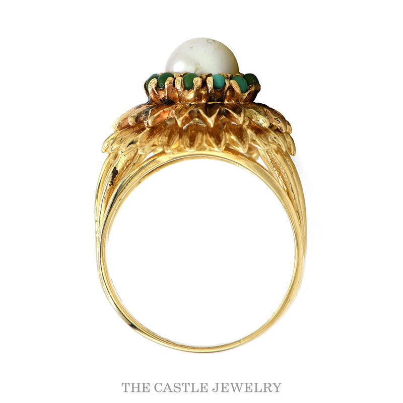 Front-facing view of the 14k yellow gold pearl flower ring