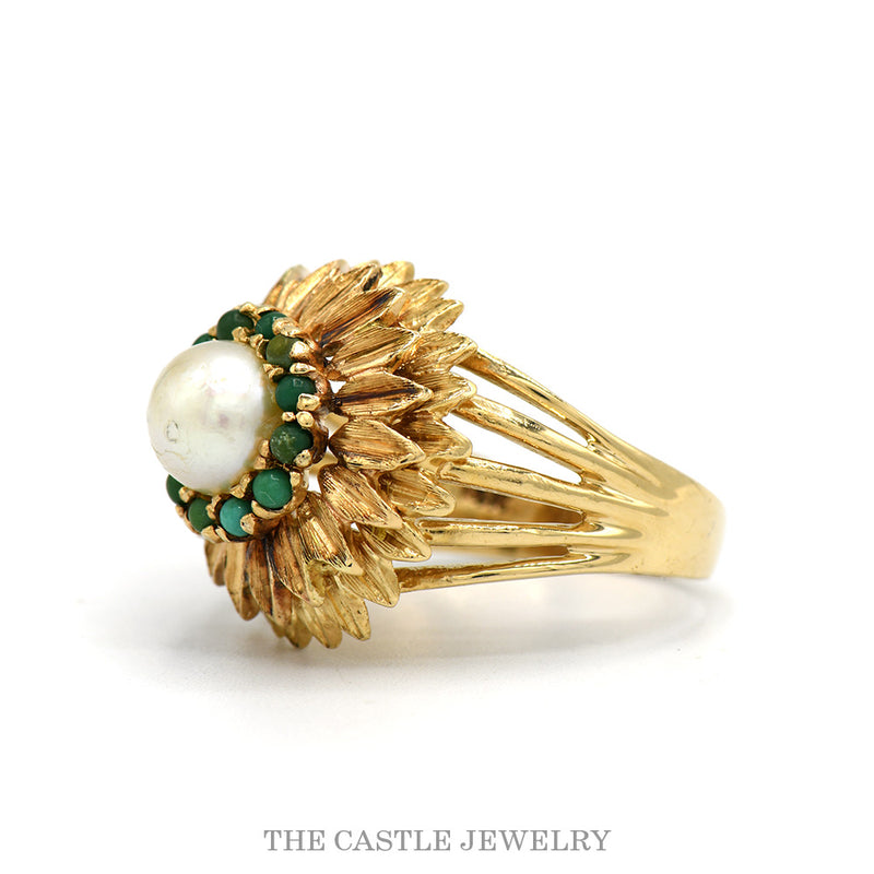 Side profile of the 14k yellow gold pearl turquoise flower ring