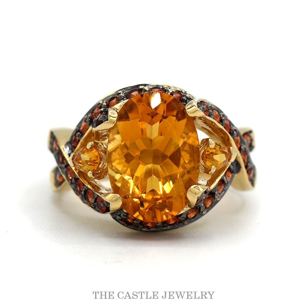 Oval Citrine Ring with Fire Opal Crossover Halo in 14k Yellow Gold