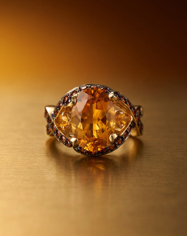 Oval Citrine Ring with Fire Opal Crossover Halo in 14k Yellow Gold