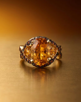 Oval Citrine Ring with Fire Opal Crossover Halo in 14k Yellow Gold