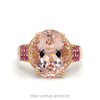 14k rose gold oval morganite ring with diamond halo and ruby shoulders — top view - Thumbnail 1