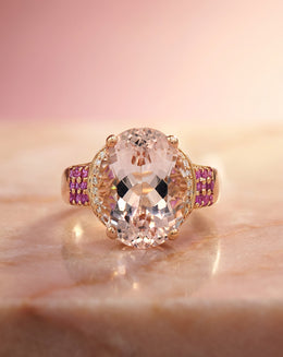 Oval Morganite Ring with Diamond Halo and Ruby Cluster Shoulders in 14k Rose Gold