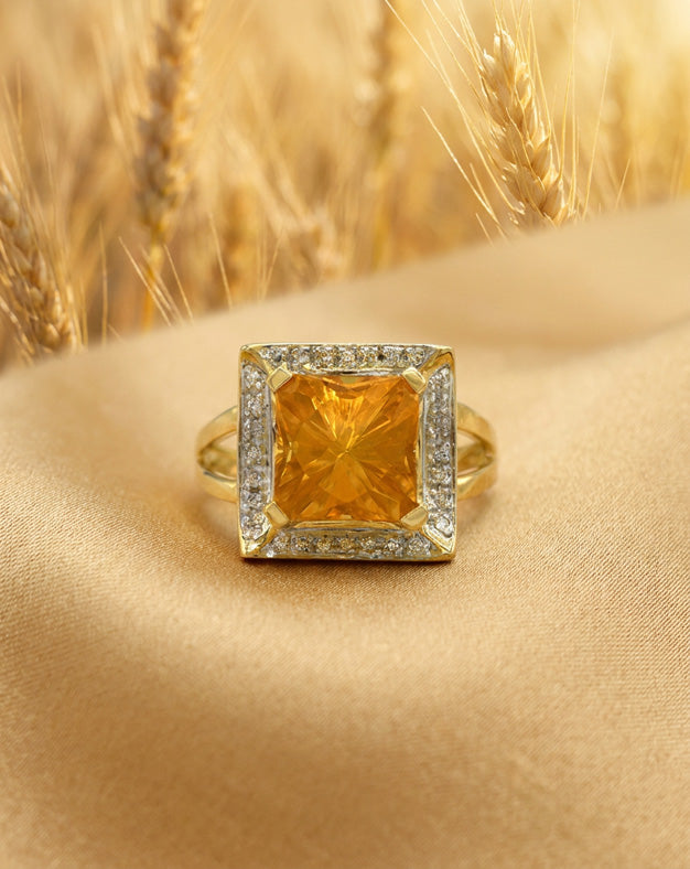 Princess Cut Citrine Ring with 0.15cttw Square Diamond Halo in 14k Yellow Gold