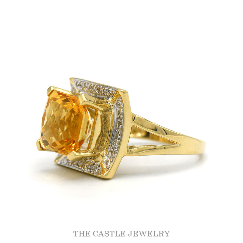 Side profile of the 14k yellow gold citrine diamond halo ring