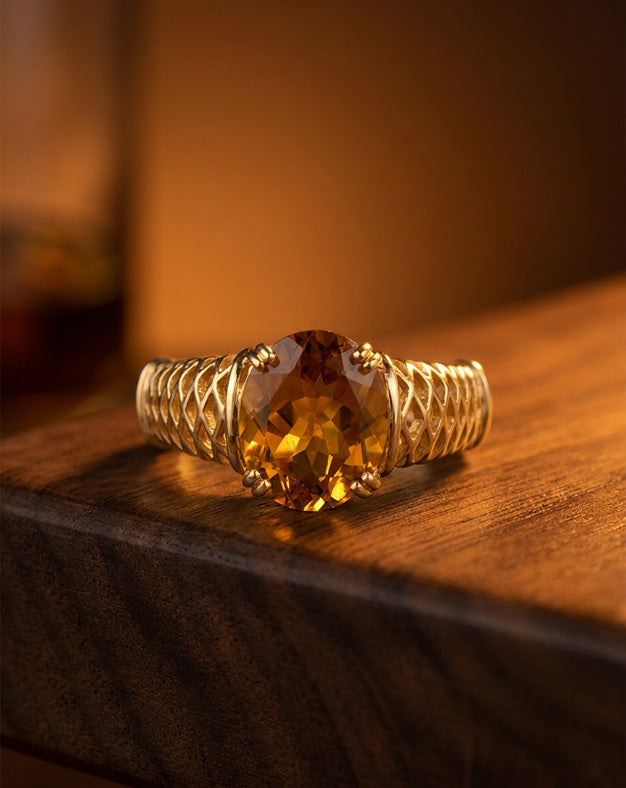 Oval Citrine Ring with Open Lattice Sides in 14k Yellow Gold